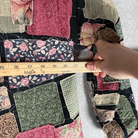 Vintage Patchwork Jacket Womens Medium Black Floral Open Handmade - Picture 9 of 10